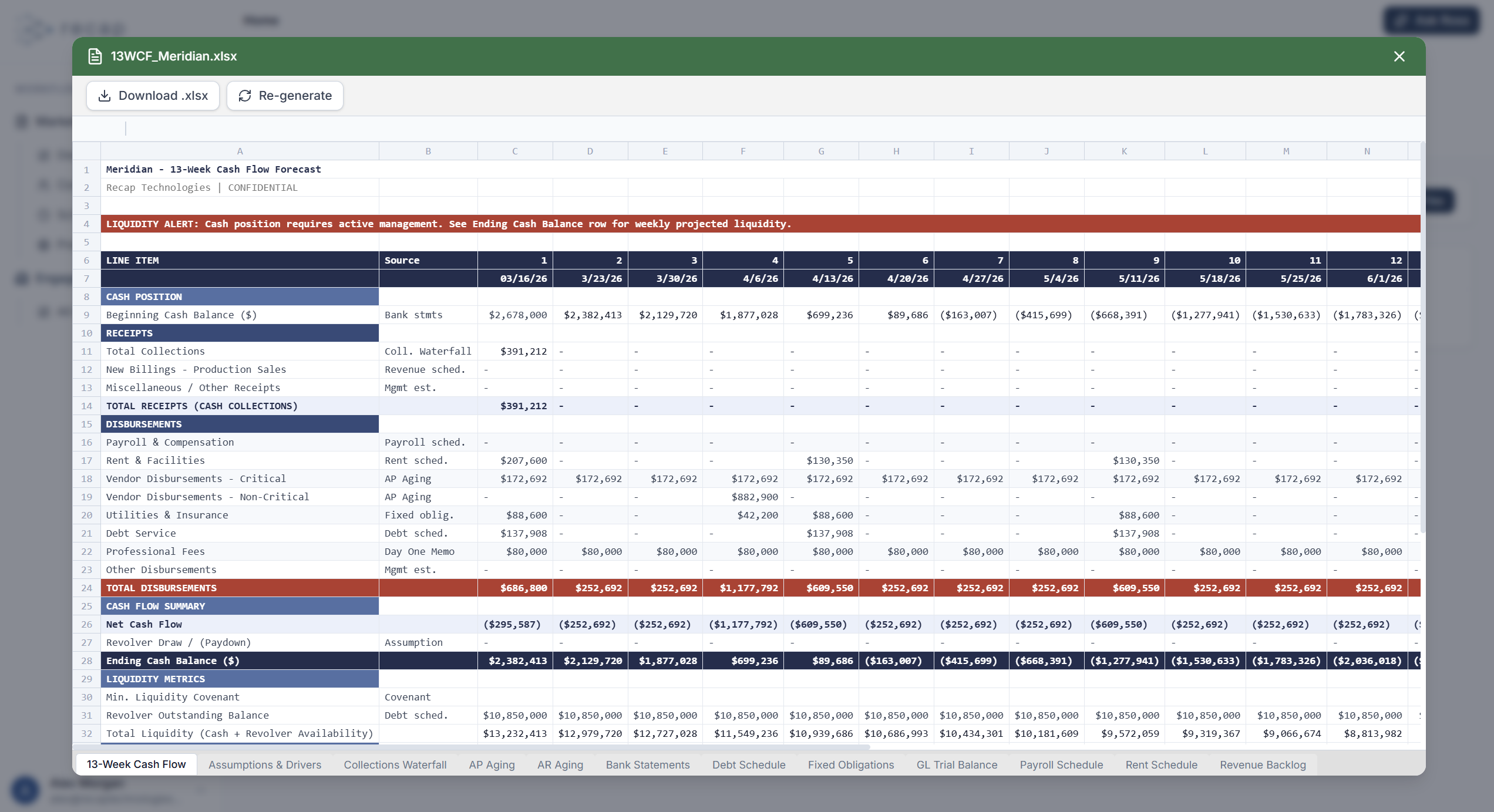 ROSS platform generating a 13-week cash flow forecast with liquidity alerts and weekly projections