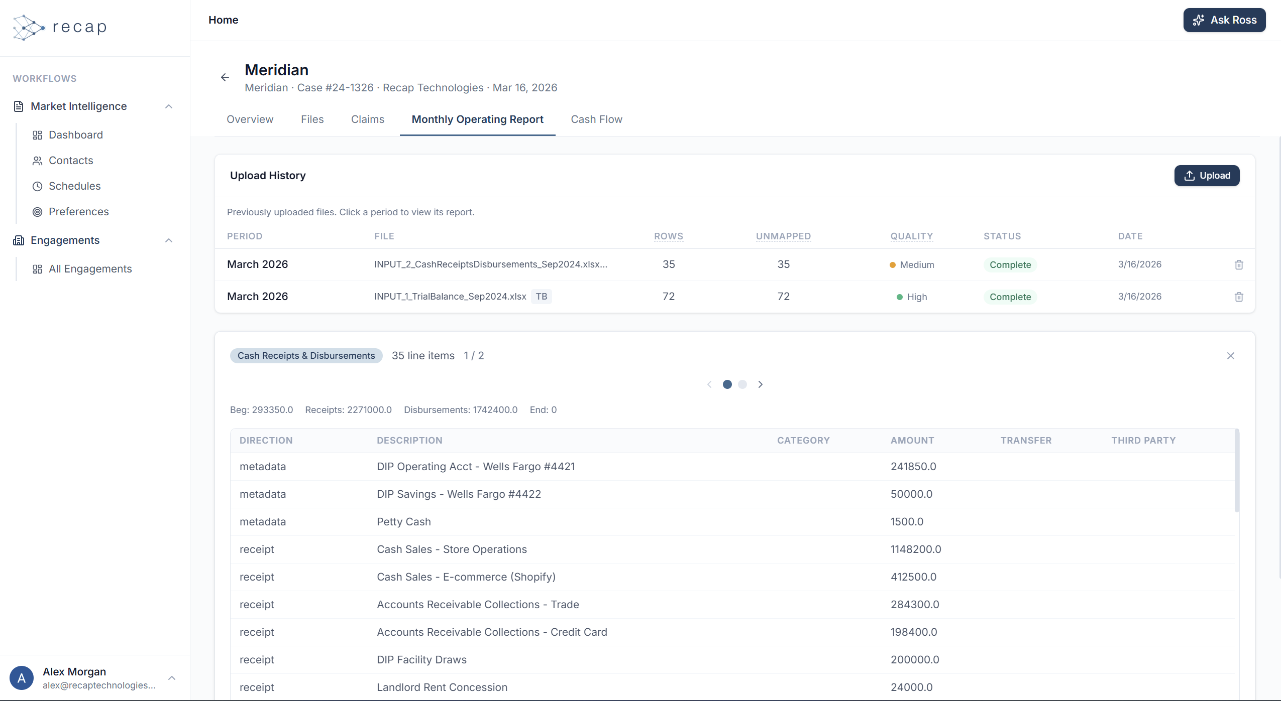 ROSS Monthly Operating Report workflow showing uploaded financial files, data quality scoring, and one-click MOR generation
