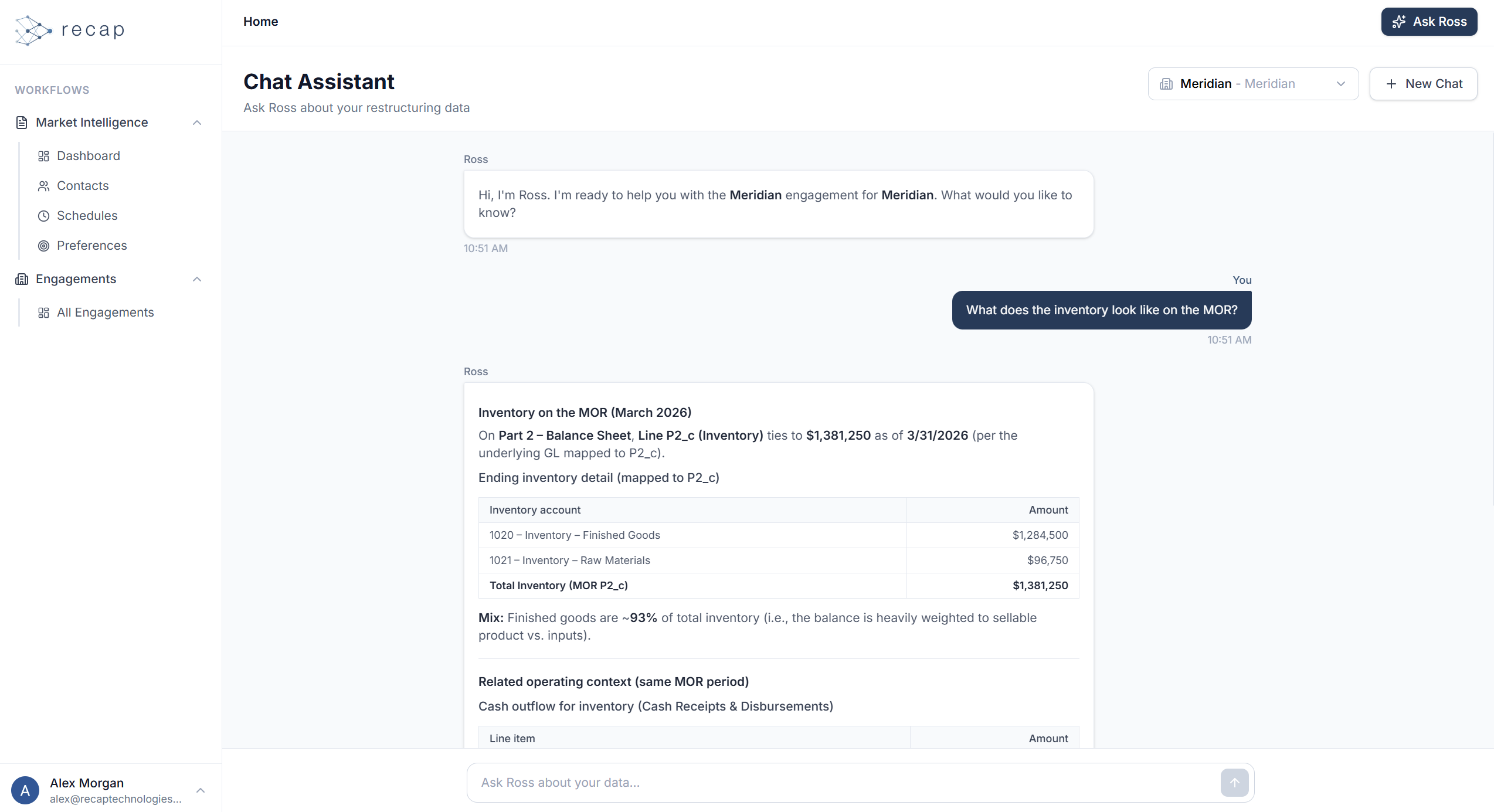 ROSS AI chat assistant answering questions about inventory from a Monthly Operating Report with sourced financial data