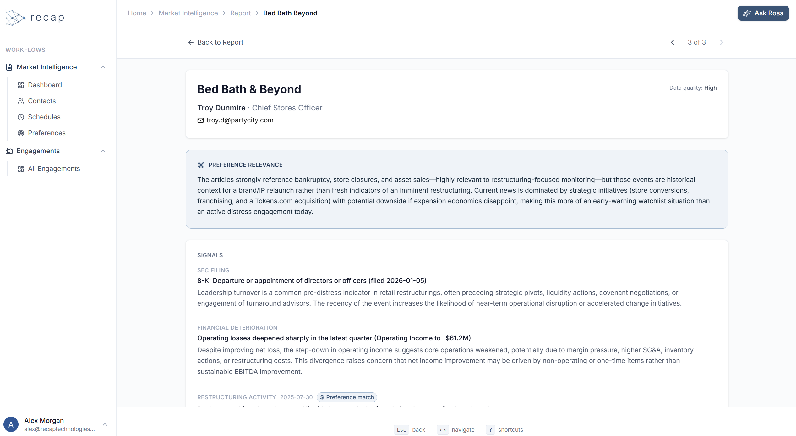 SONAR credit intelligence report showing distressed signal analysis, EDGAR filings, and contact intelligence for a monitored company